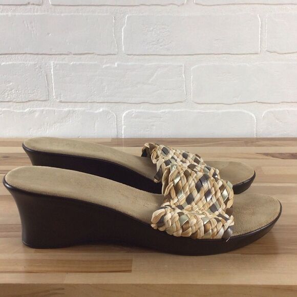 ITALIAN shoemakers slip on round peep mules clogs 7.5 gold silver braided strap - Picture 2 of 8